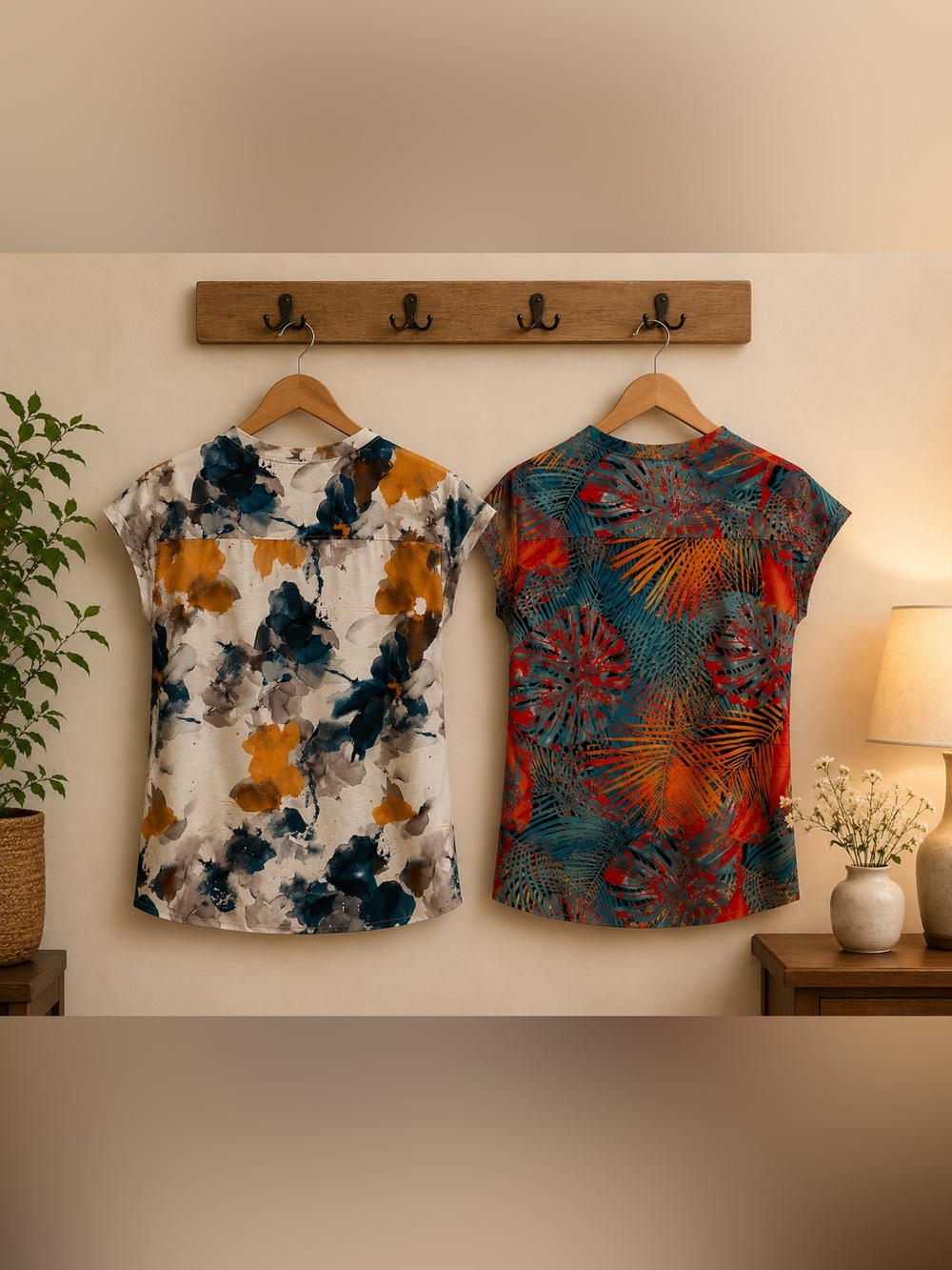 Women’s Floral Watercolor Short Sleeve Top - White & Mustard - Picture 2 of 2